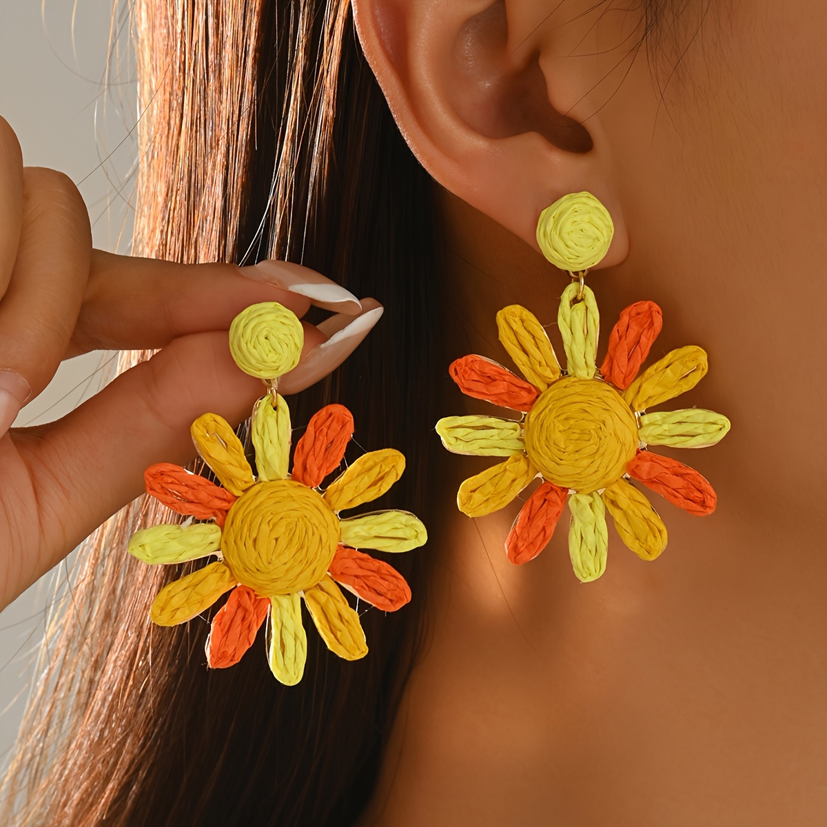 Women's Handwoven Raffia Straw Sun Flower Earrings